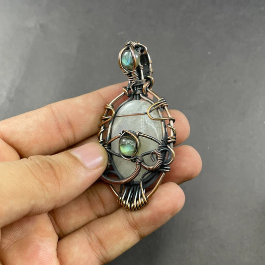 Rainbow Moonstone and  Labradorite Copper Pendant