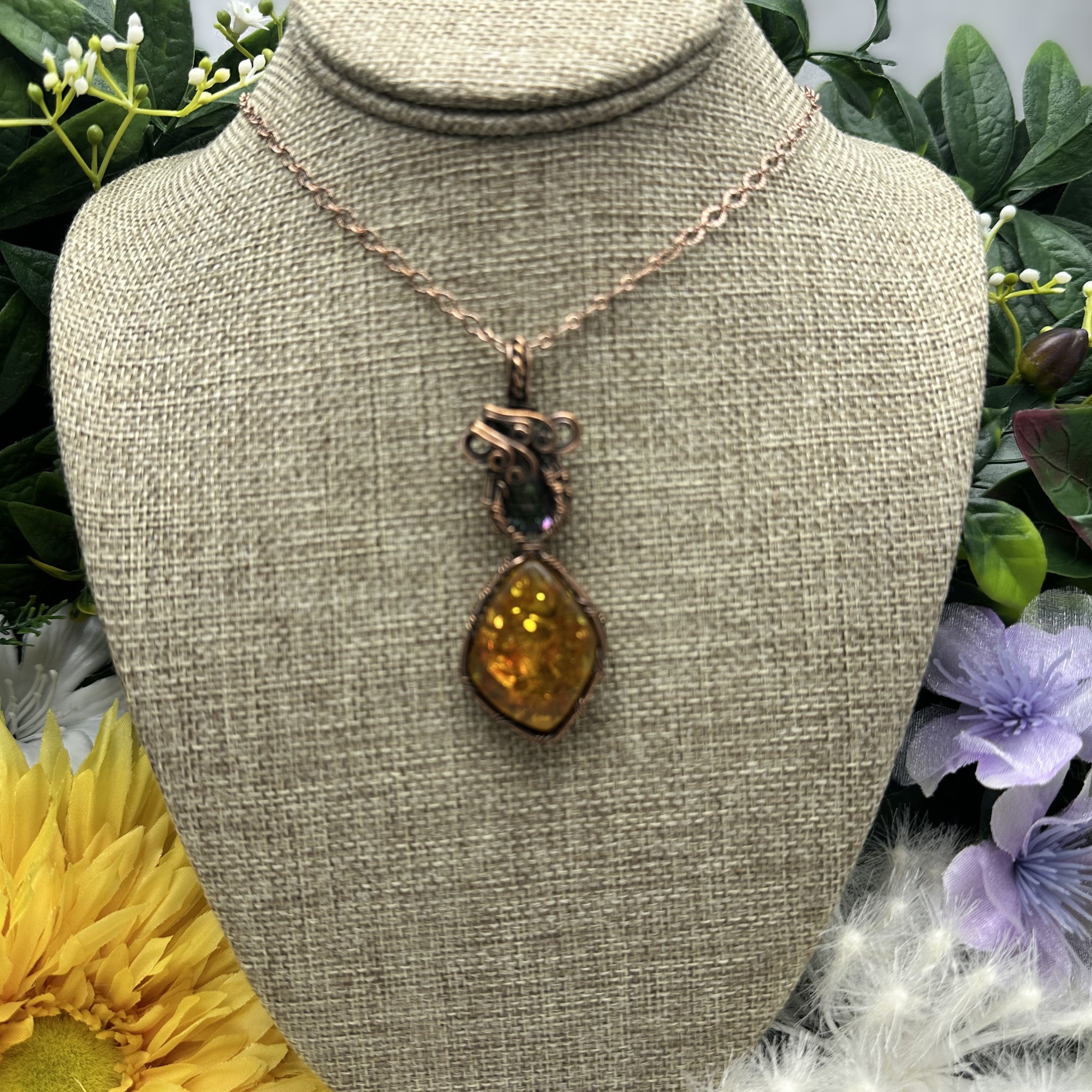 Baltic Amber and Rainbow Mystic Topaz Copper Pendant