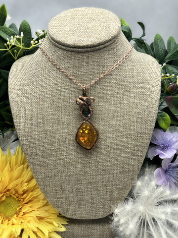 Baltic Amber and Rainbow Mystic Topaz Copper Pendant