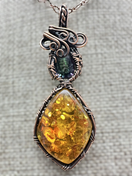 Baltic Amber and Rainbow Mystic Topaz Copper Pendant