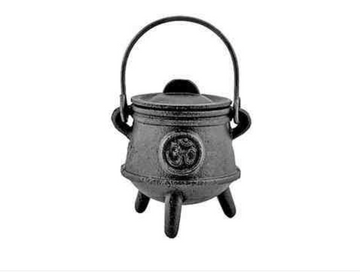 Om Symbol Cast Iron Cauldron with Lid - 4.5'H, 3'D