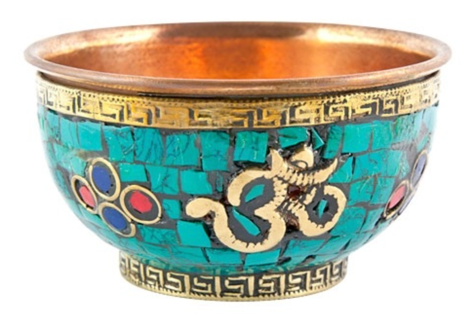 BOWL83 - Cuenco de ofrenda de cobre con símbolo Om y trabajo en piedra - 3'' de profundidad