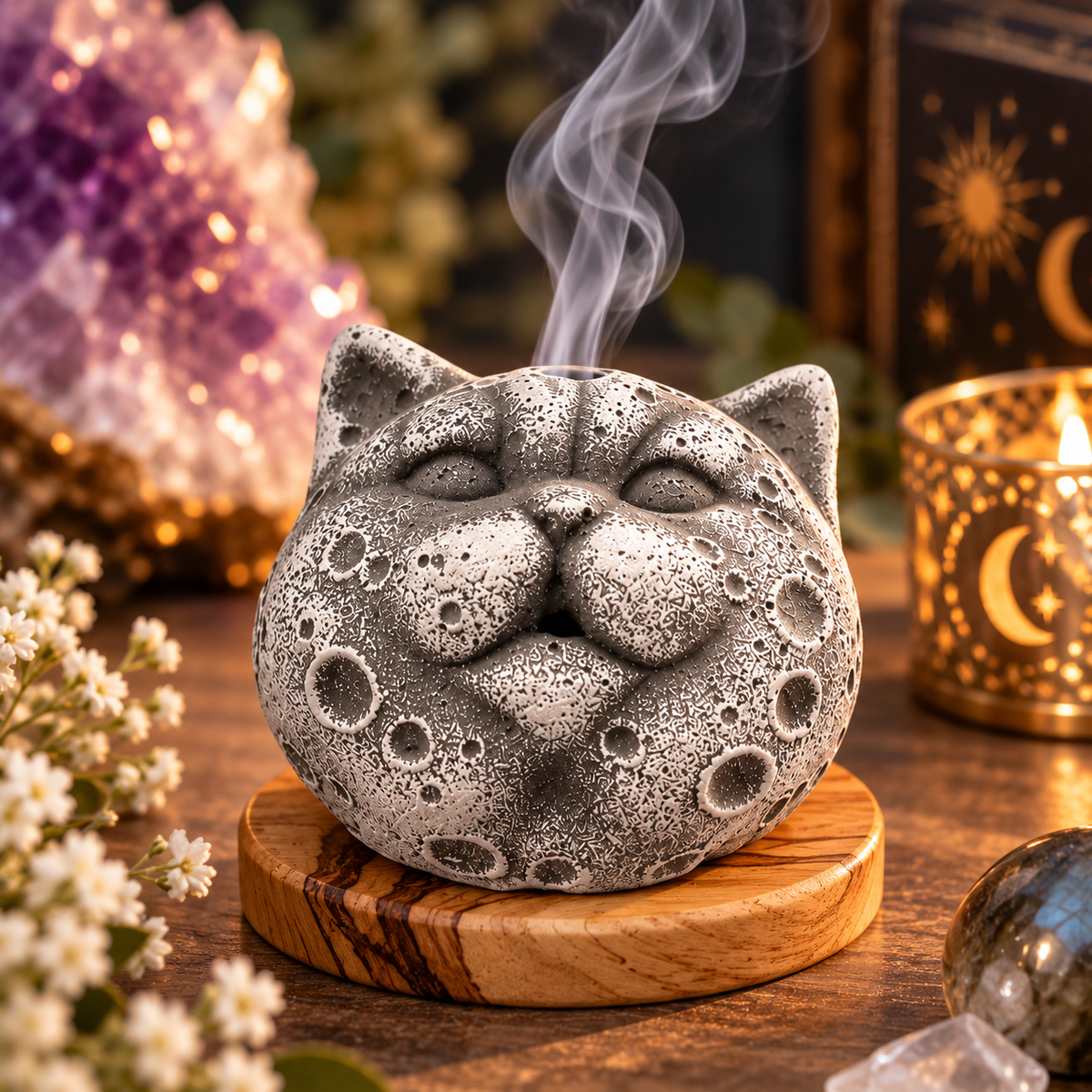 Mystic Moon Cat Incense Holder with Wooden Based