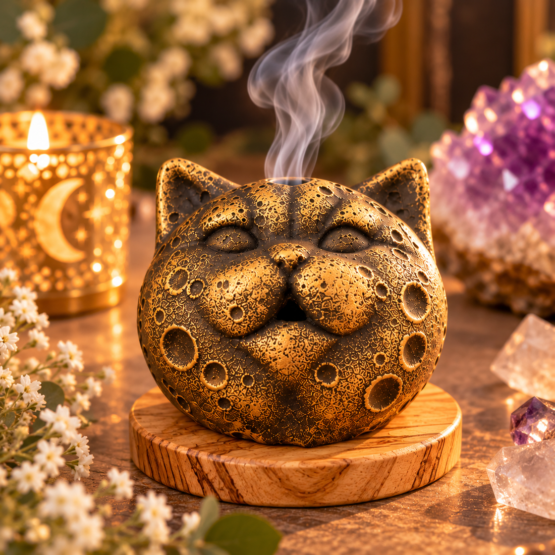 Mystic Moon Cat Incense Holder with Wooden Base