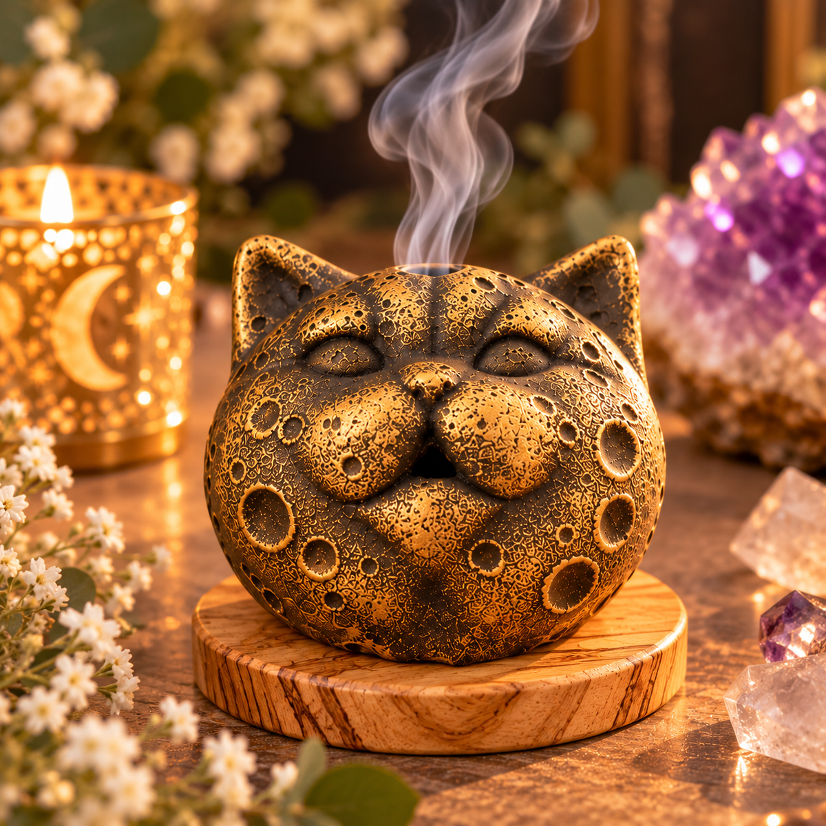 Mystic Moon Cat Incense Holder with Wooden Based