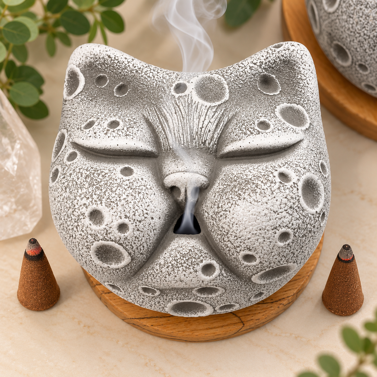 Mystic Moon Grumpy Cat Incense Holder With Wooden Based