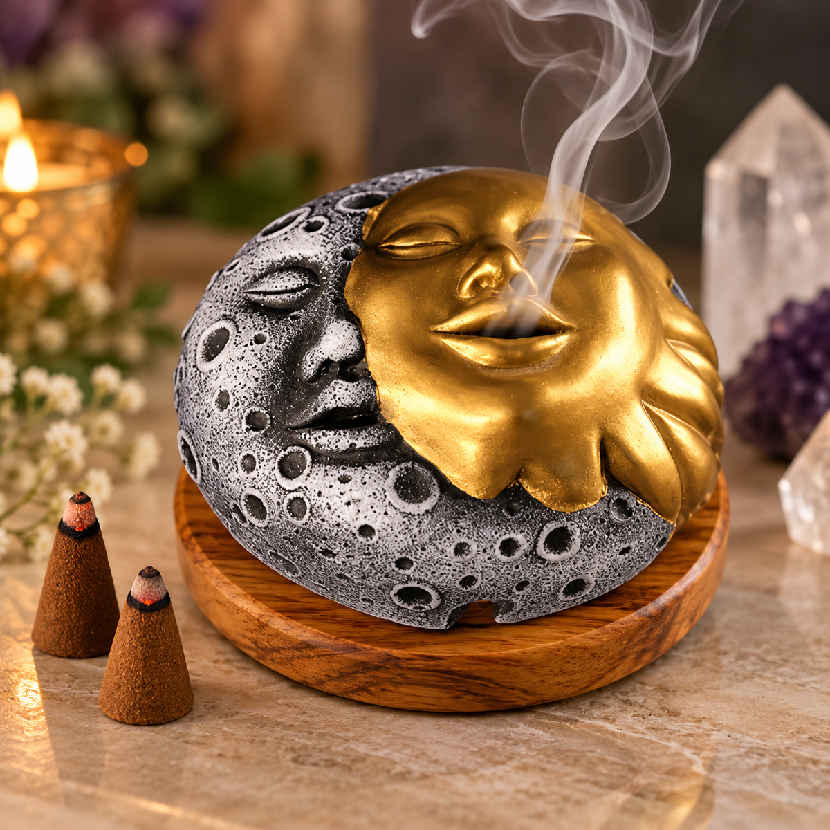 Mystic Sun and Moon Incense Holder With Wooden Based