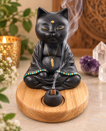 Mystic Buddha Cat Incense Holder With Wooden Based