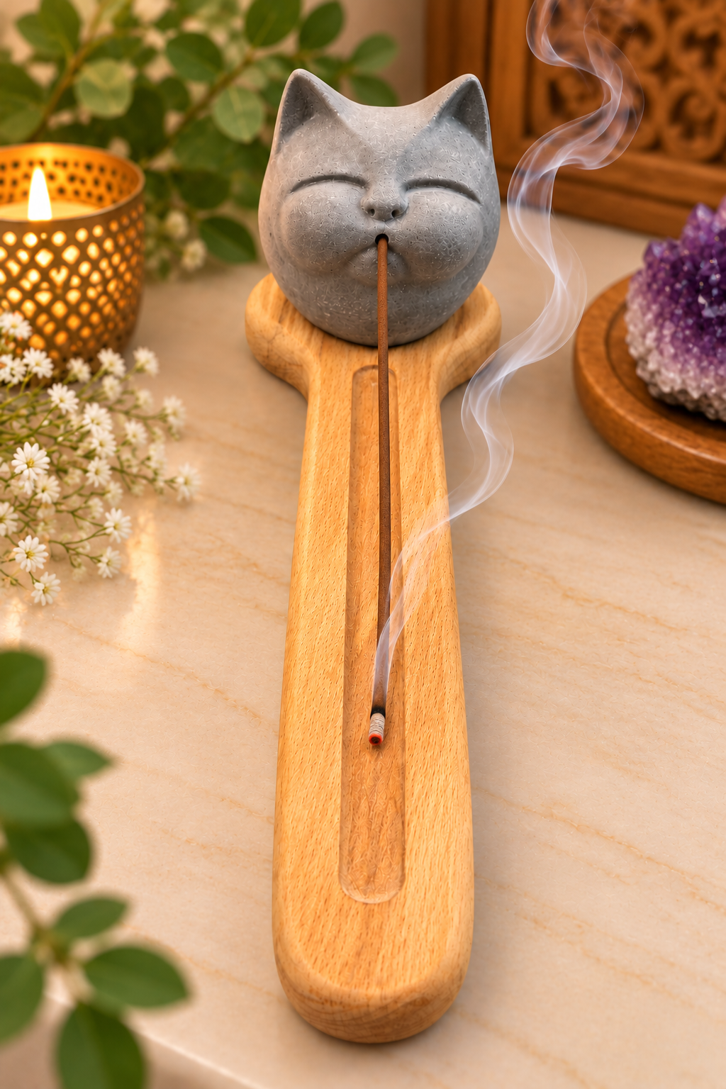 Mystic Prana Purr Cat Incense Holder With Wooden Based