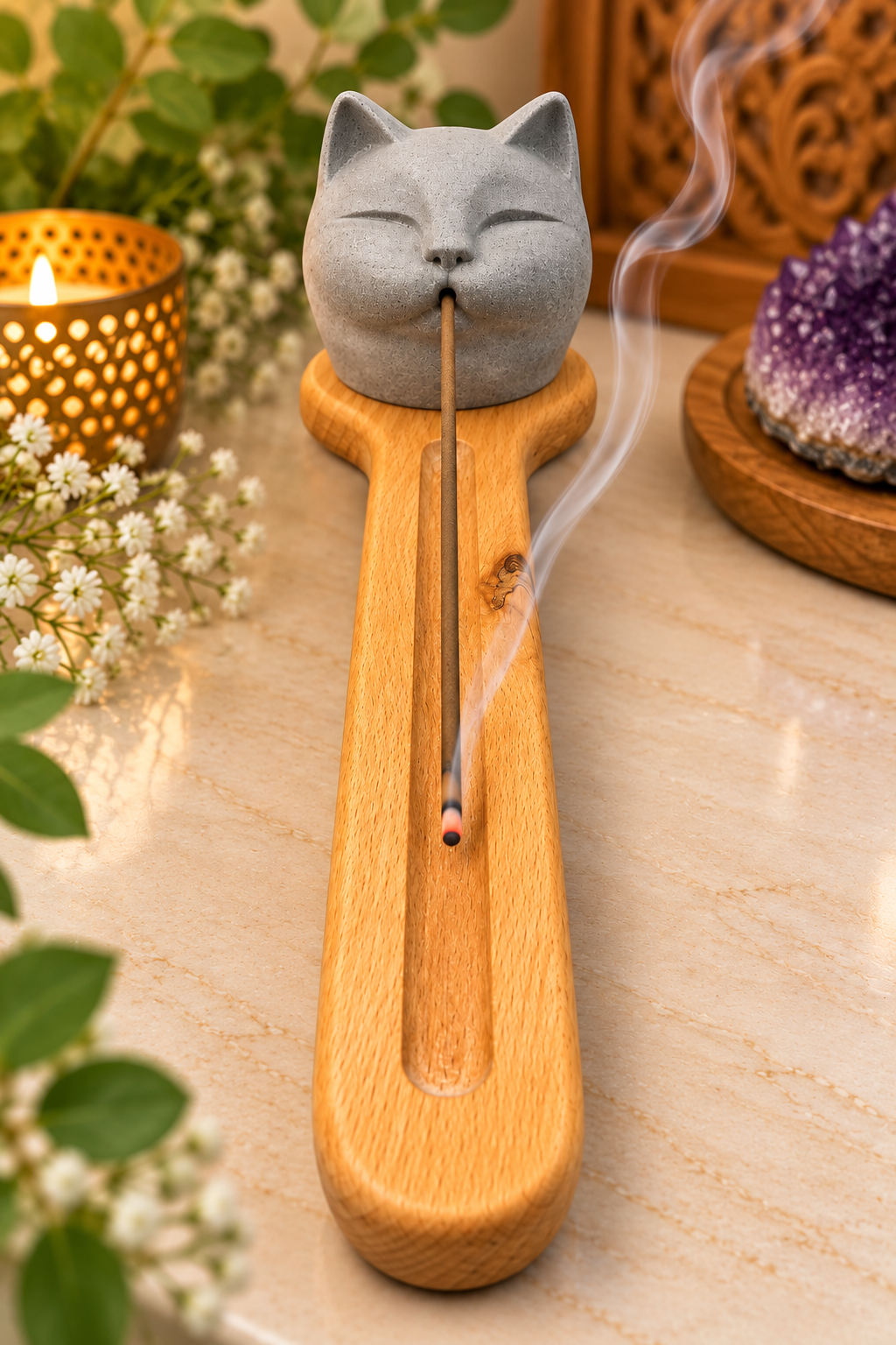 Mystic Whisper Cat Incense Holder With Wooden Base