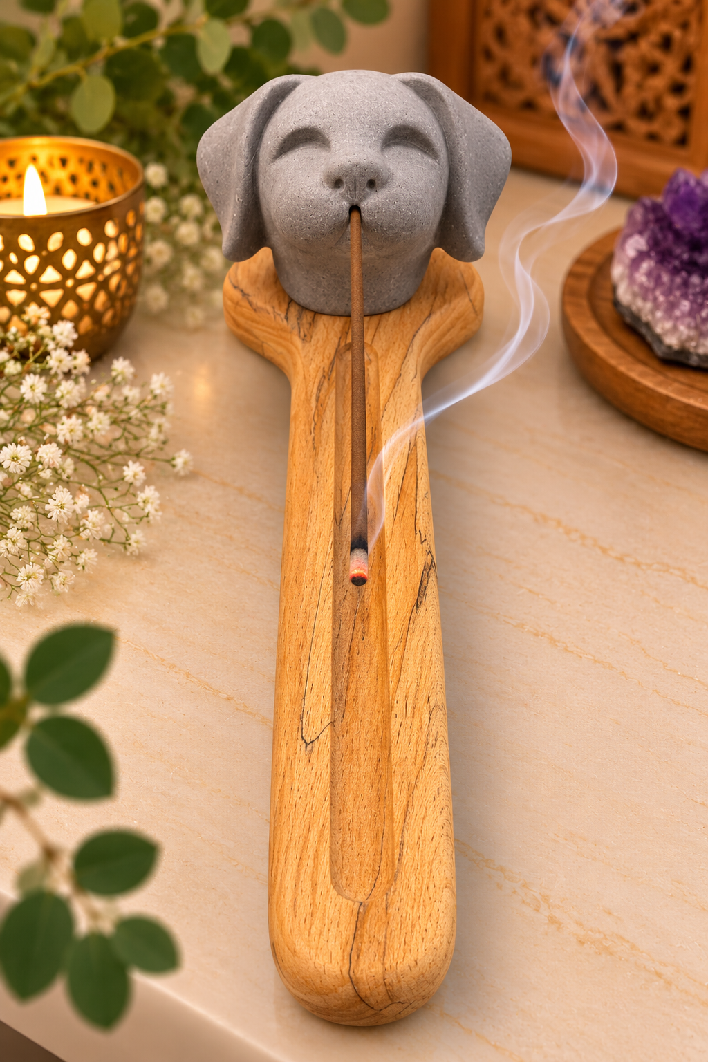 Mystic Guardian Dog Incense Holder With Wooden Base