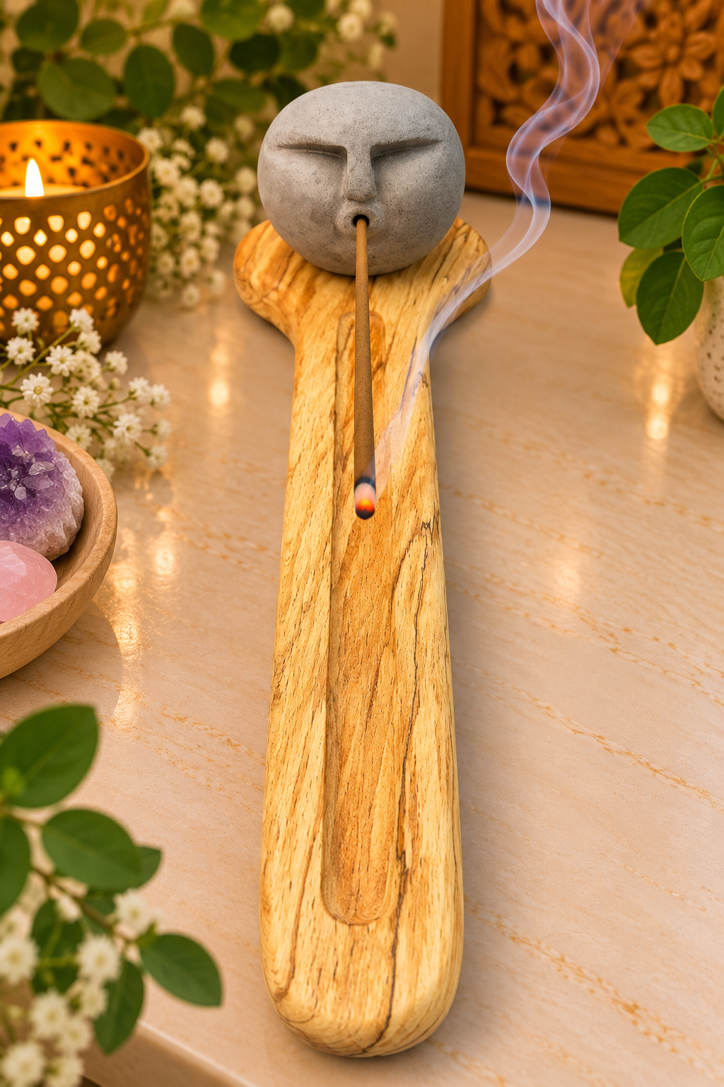 Mystic Ancestral Head Collection Incense Holder With Wooden Base