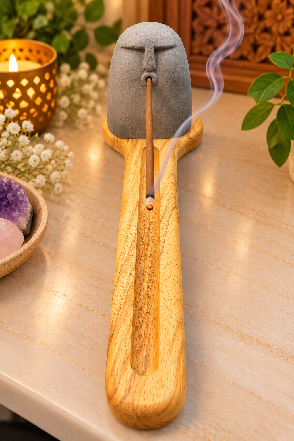 Mystic Ancestral Head Collection Incense Holder With Wooden Base