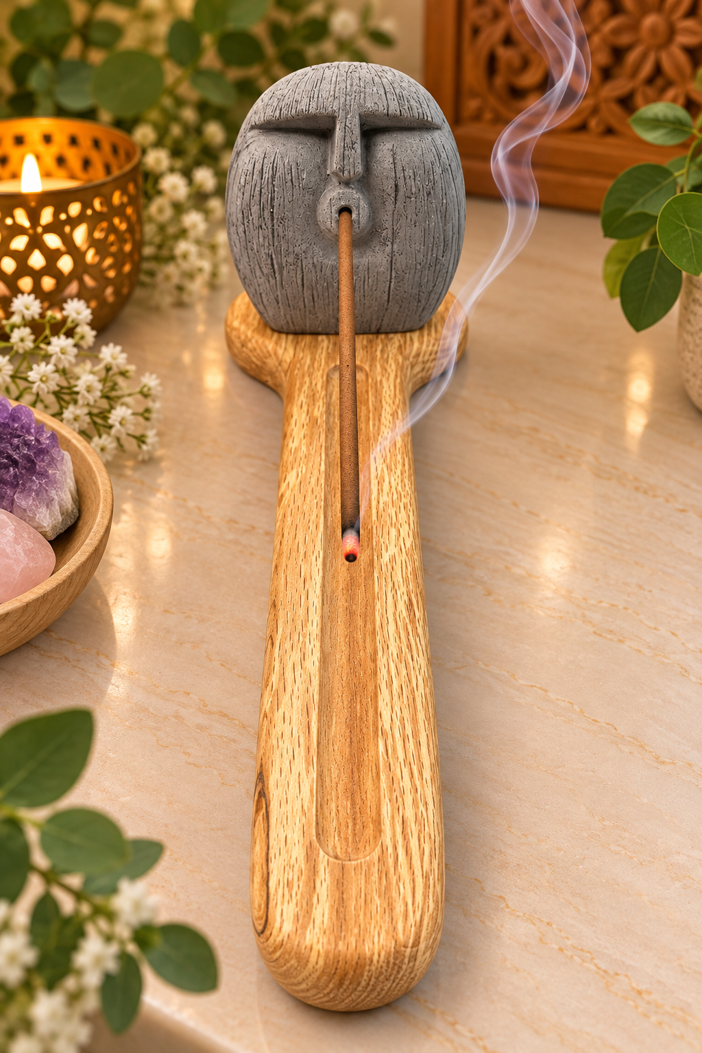 Mystic Ancestral Head Collection Incense Holder With Wooden Base