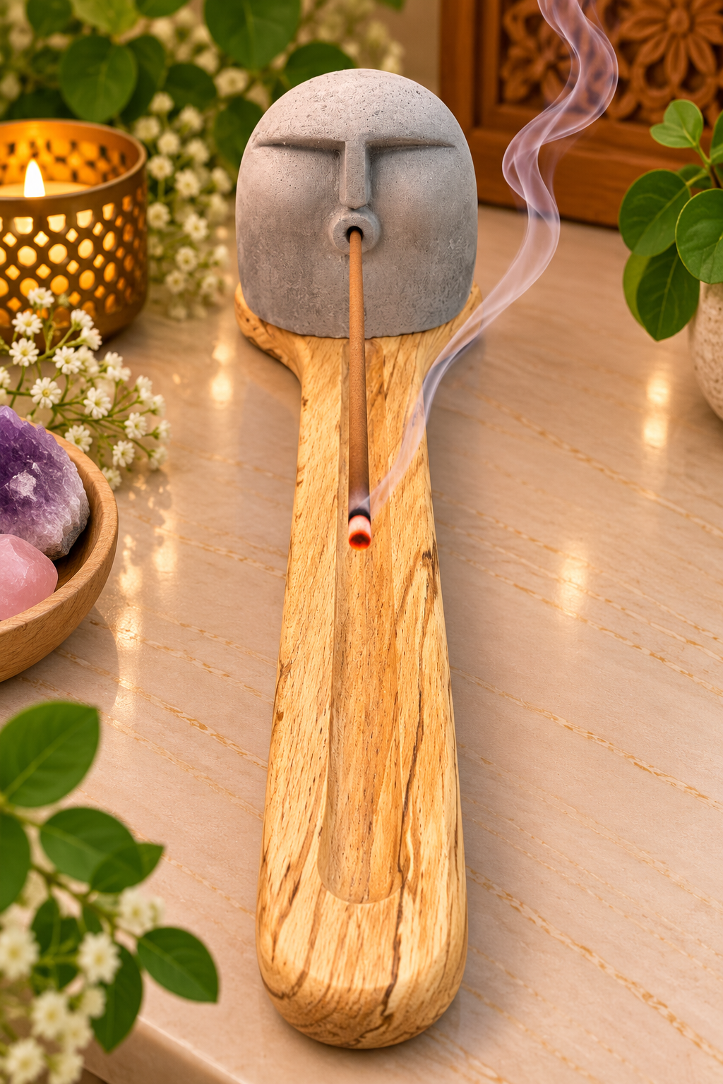 Mystic Ancestral Head Collection Incense Holder With Wooden Base