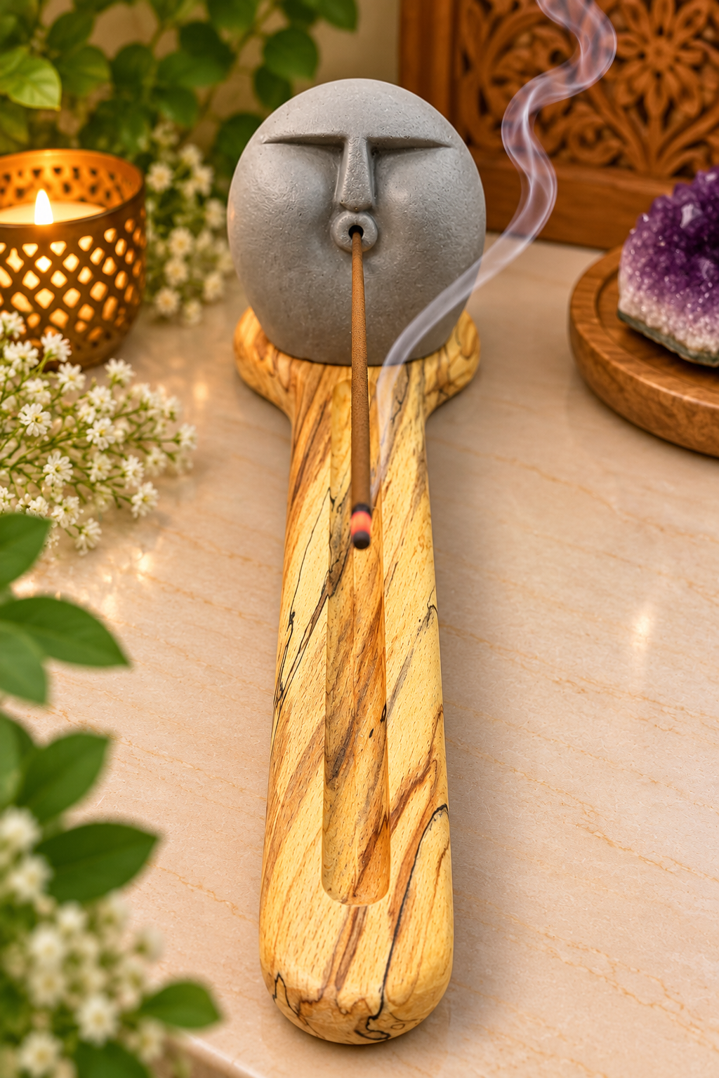 Mystic Ancestral Head Collection Incense Holder With Wooden Base