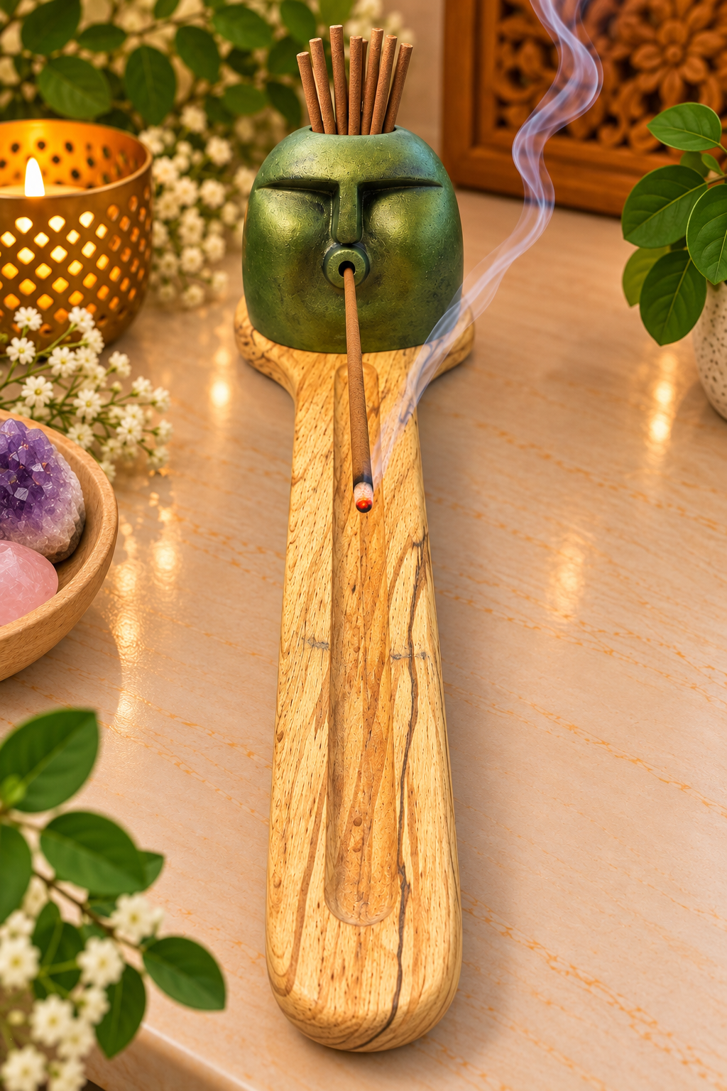 Mystic Ancestral Head Collection Incense Holder With Wooden Base