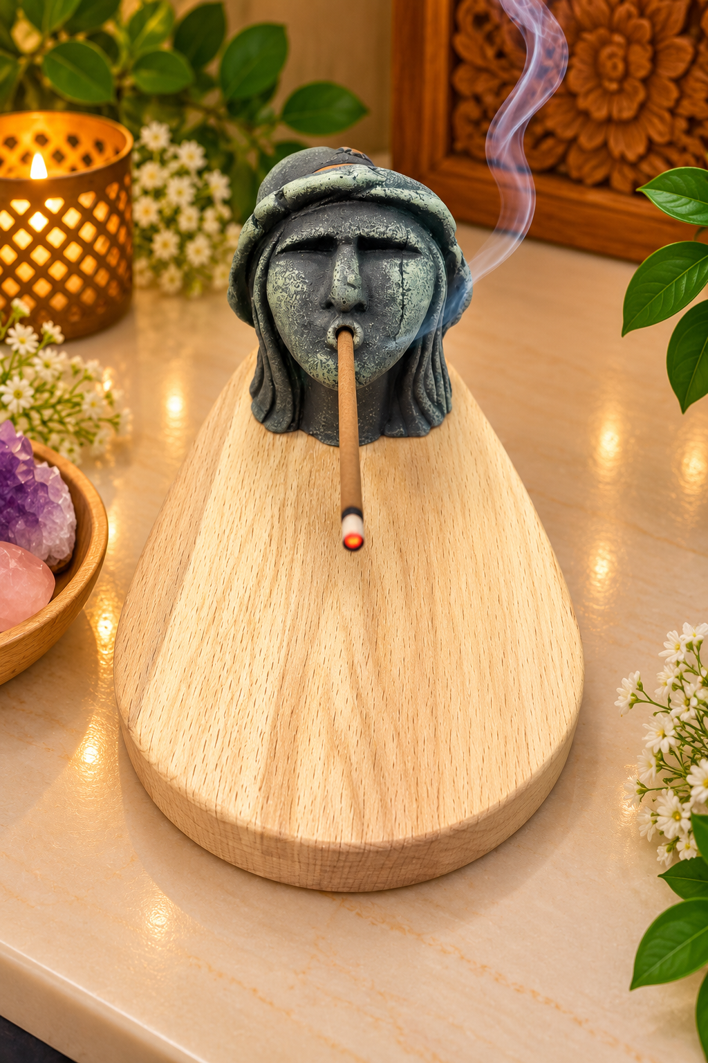 Mystic Enchanted Witch Incense Holder With Wooden Base