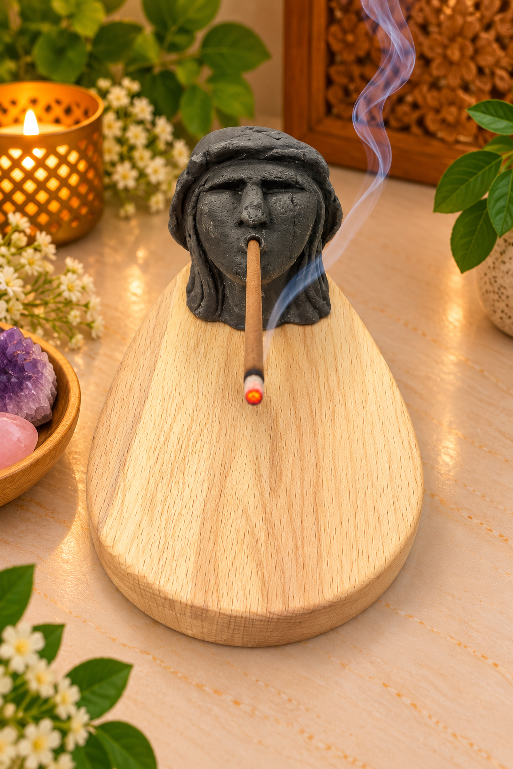 Mystic Enchanted Witch Incense Holder With Wooden Base