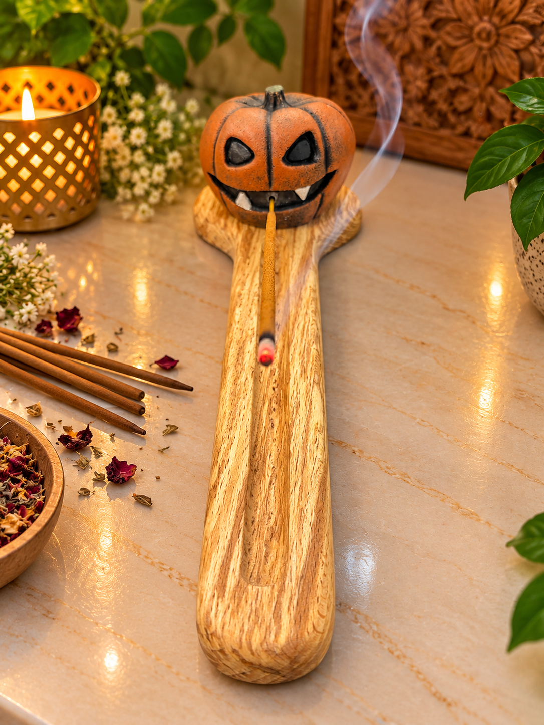 Mystic Pumpkin Incense Holder With Wooden Base