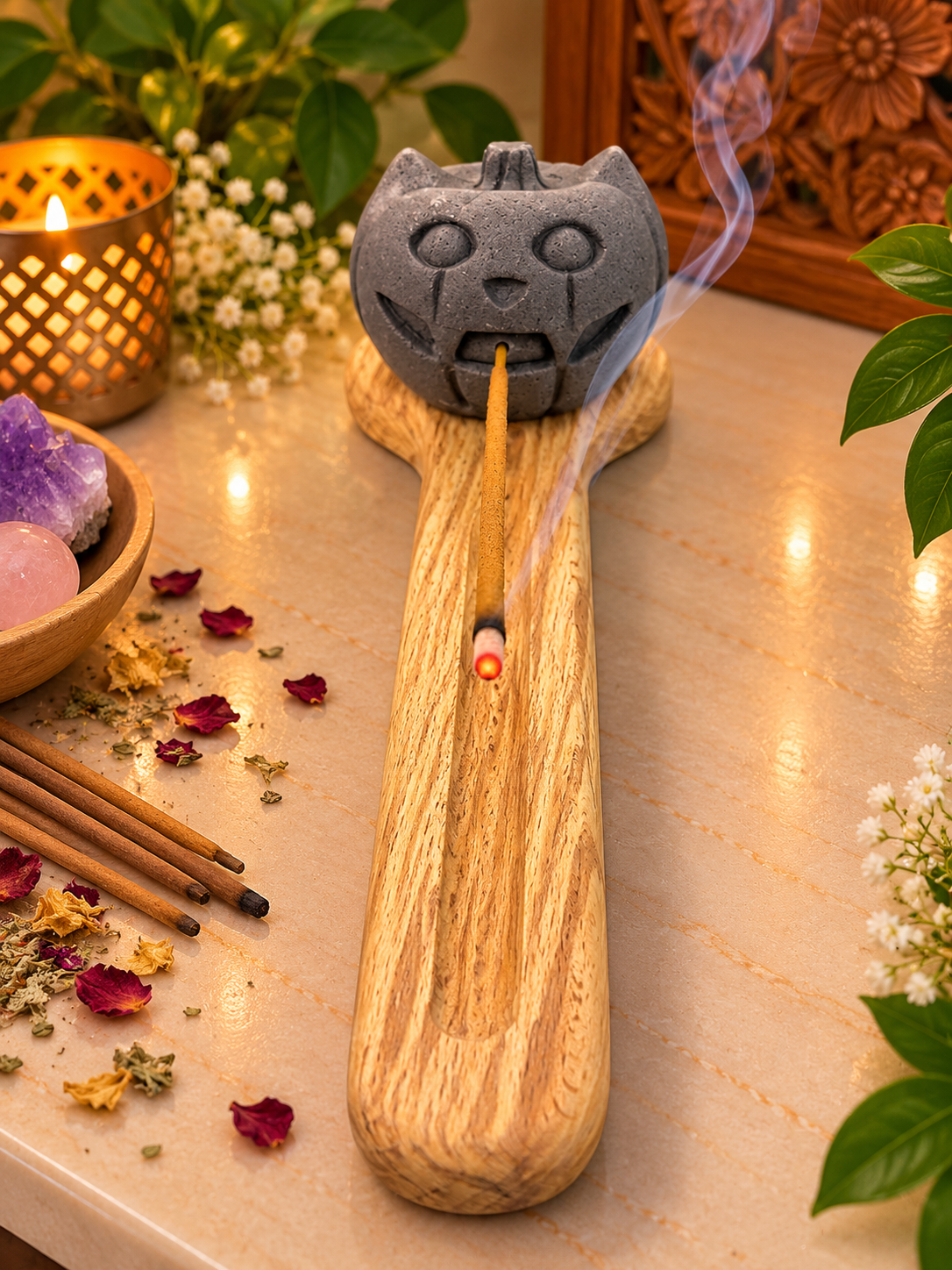 Mystic Pumpkin Incense Holder With Wooden Base