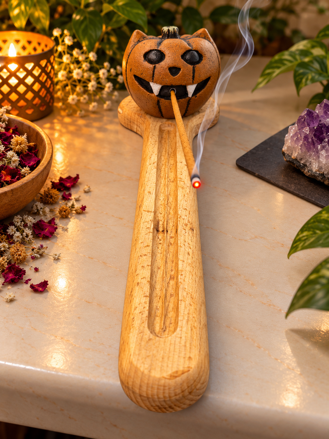 Mystic Pumpkin Incense Holder With Wooden Base