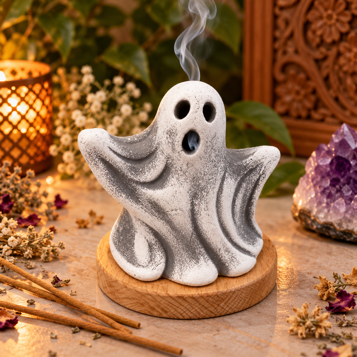 Mystic Ghost Incense Holder With Wooden Base