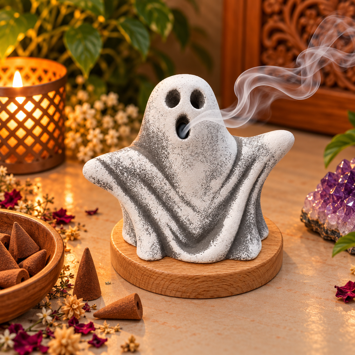 Mystic Ghost Incense Holder With Wooden Base