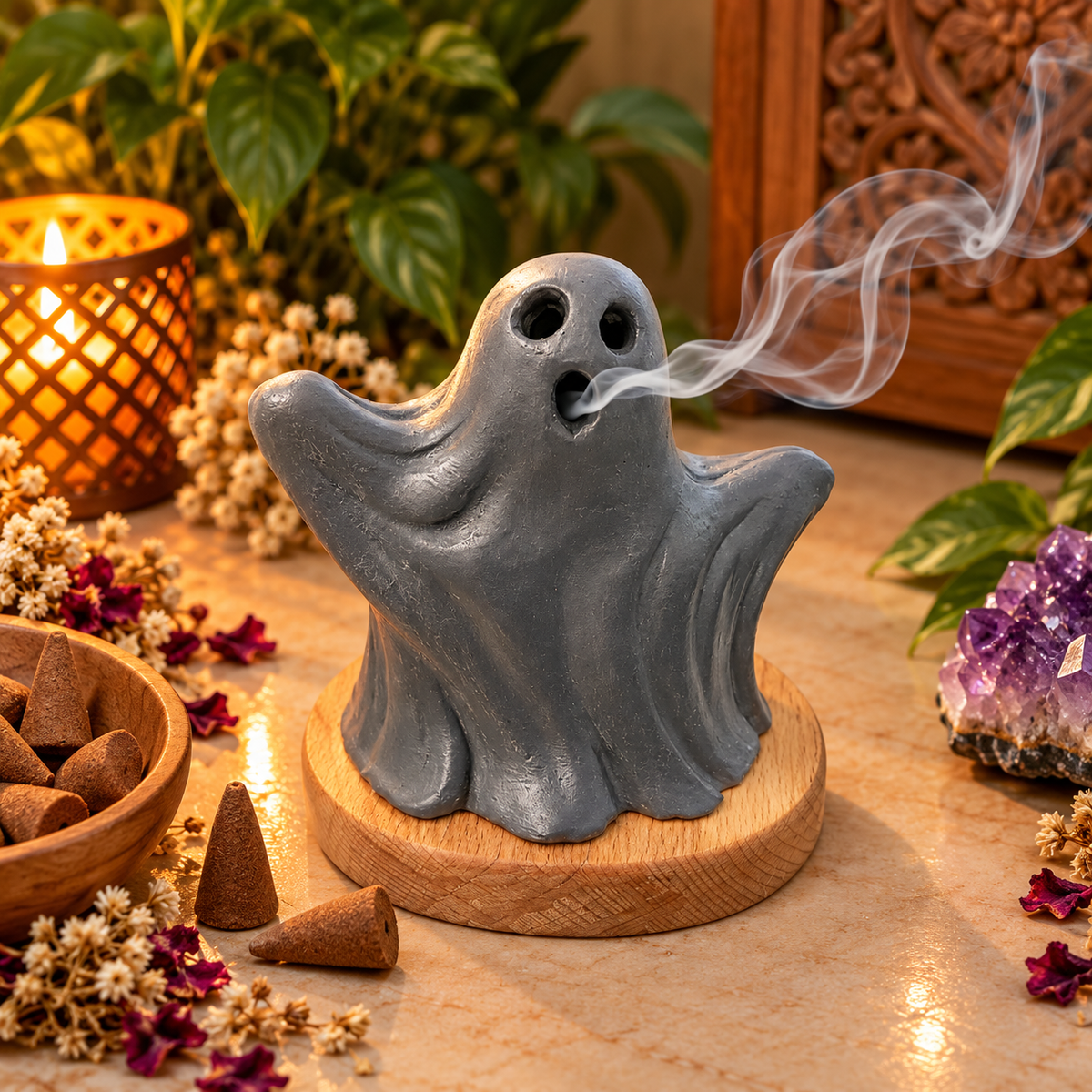 Mystic Ghost Incense Holder With Wooden Base
