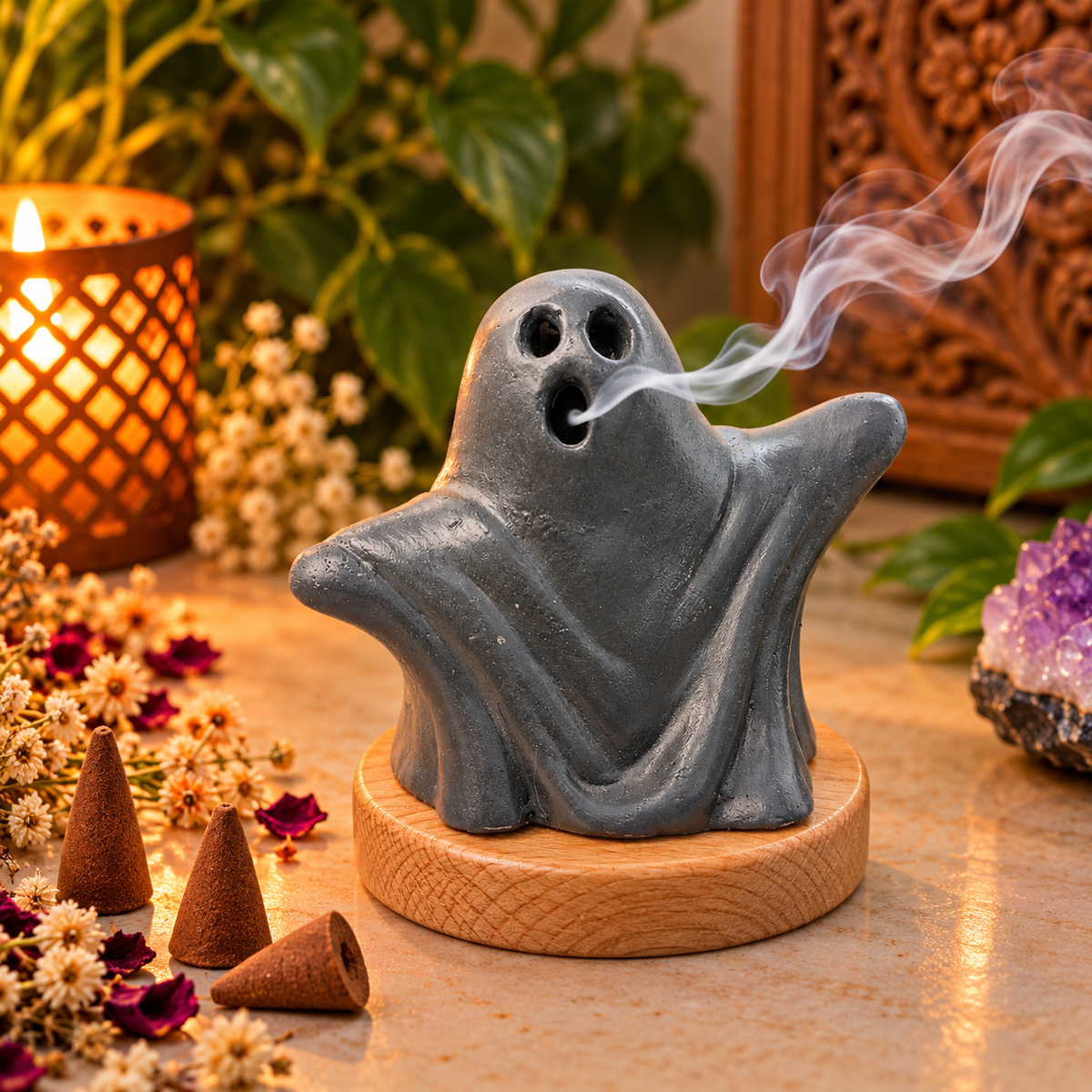 Mystic Ghost Incense Holder With Wooden Base