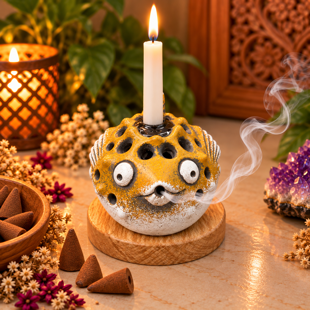 Mystic Pufferfish Incense and Candle Holder With Wooden Base