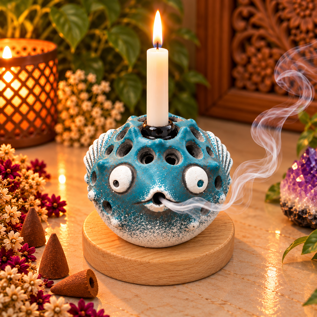 Mystic Pufferfish Incense and Candle Holder With Wooden Base