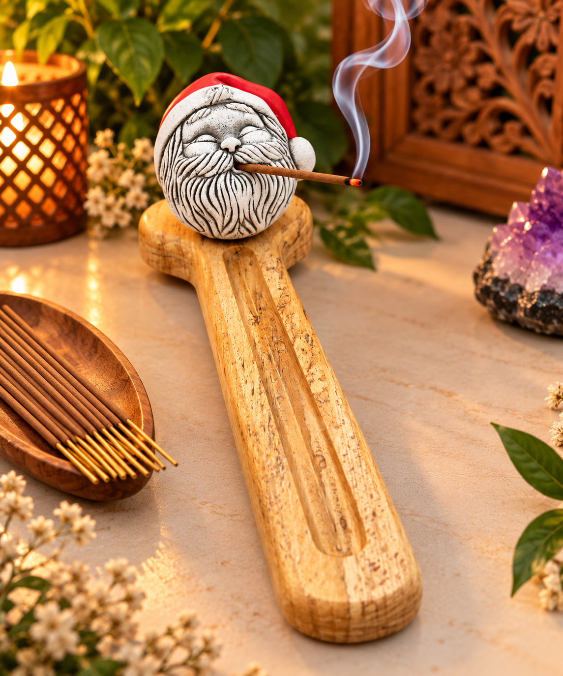 Mystic Santa Incense Holder With Wooden Base