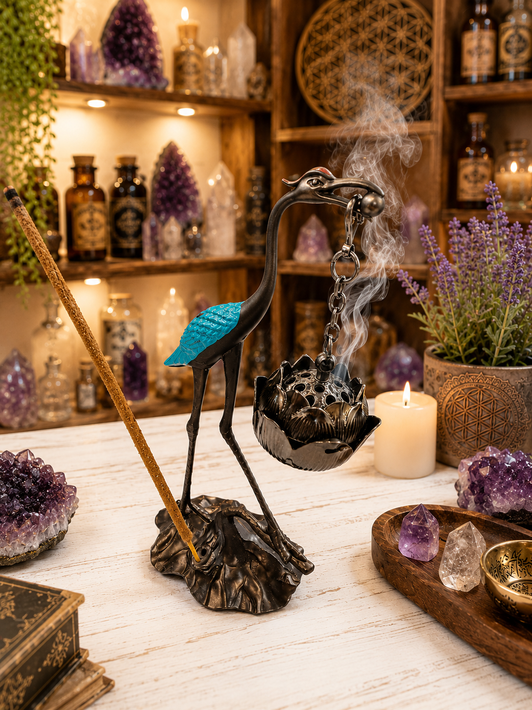 Metal Crane Incense Burner, Lotus Hanging Burner, Hanging Incense Burner, Crane Bakhoor Burner