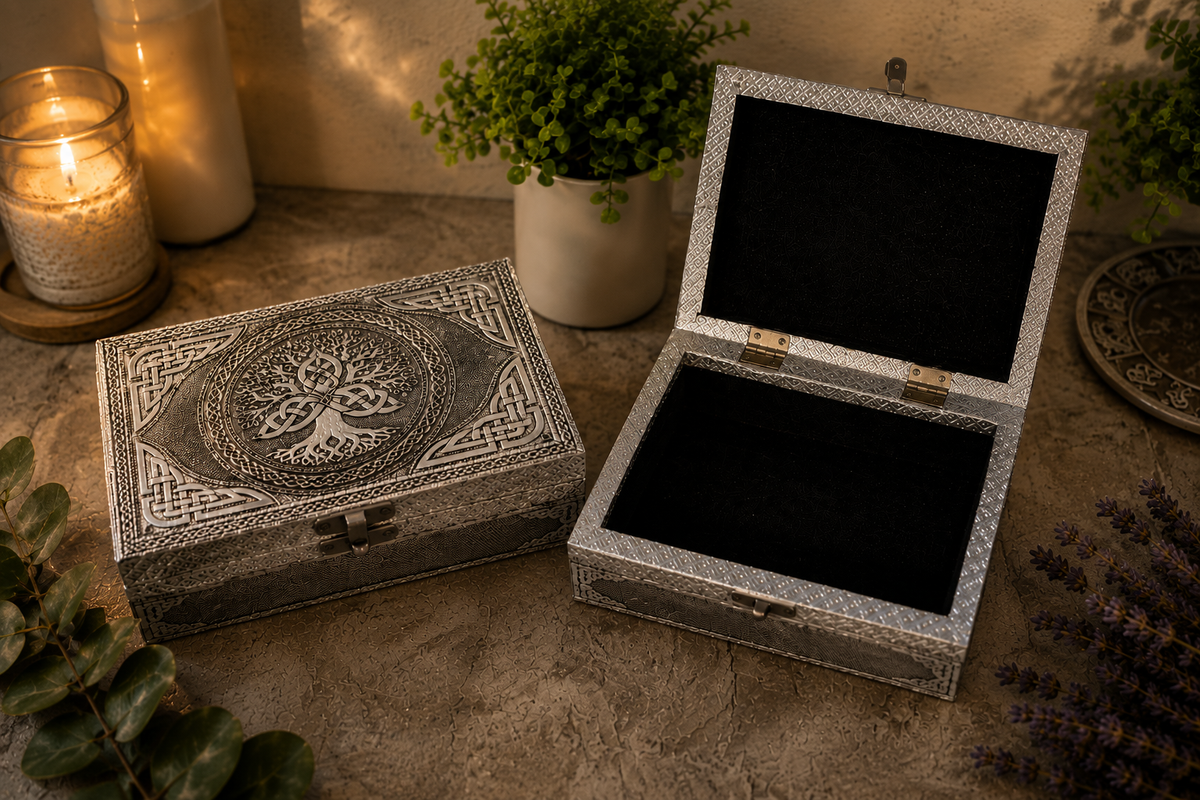 Tree of Life Triquetra Handmade Carved Metal Over Wood Box 7x5”