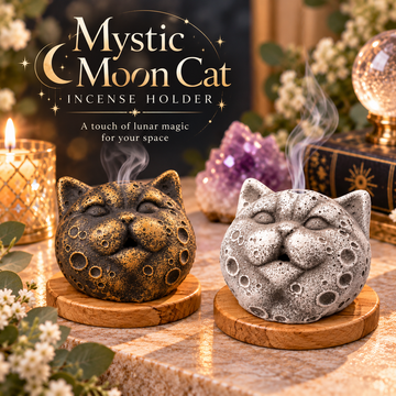 Mystic Moon Cat Incense Holder with Wooden Based