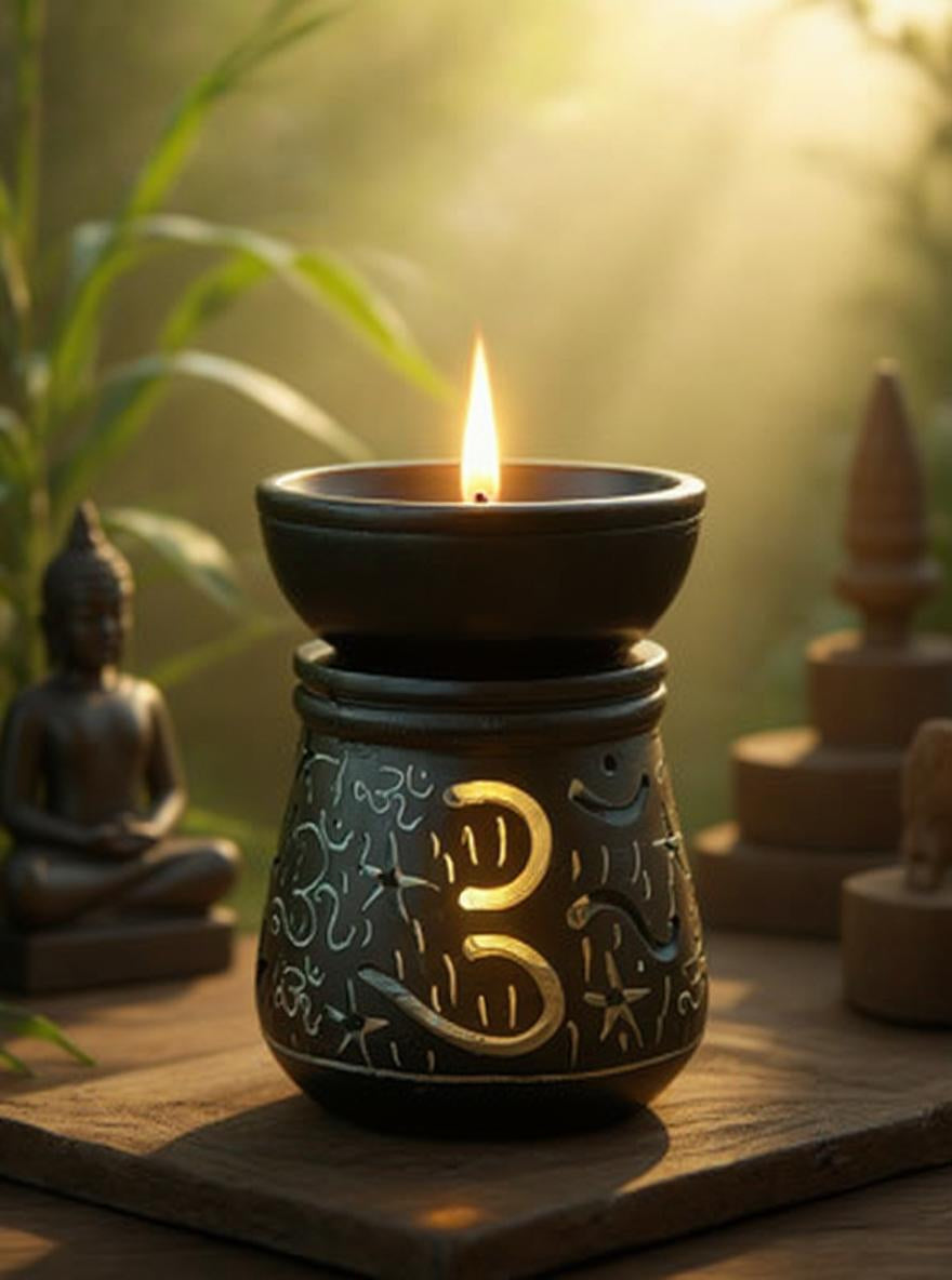 Black Soapstone Om Symbol Lamp