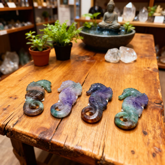 Rainbow Fluorite Seahorse Carving