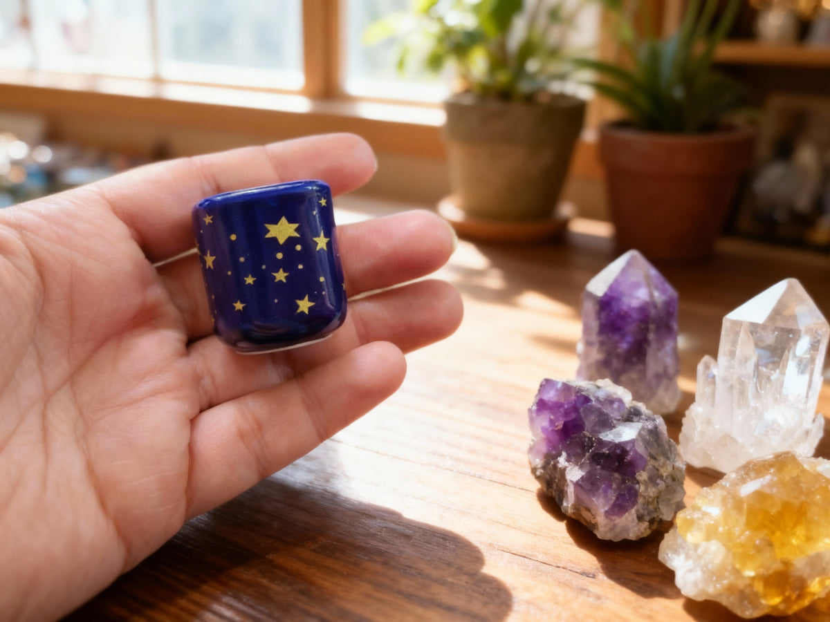 Portacarillones de cerámica con forma de estrella en azul y dorado