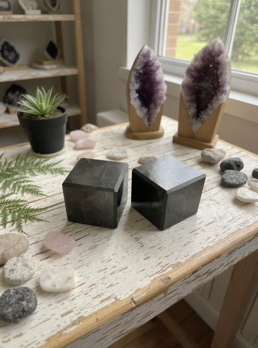 Cubo de shungita pulido (6 cm) con protección EMF