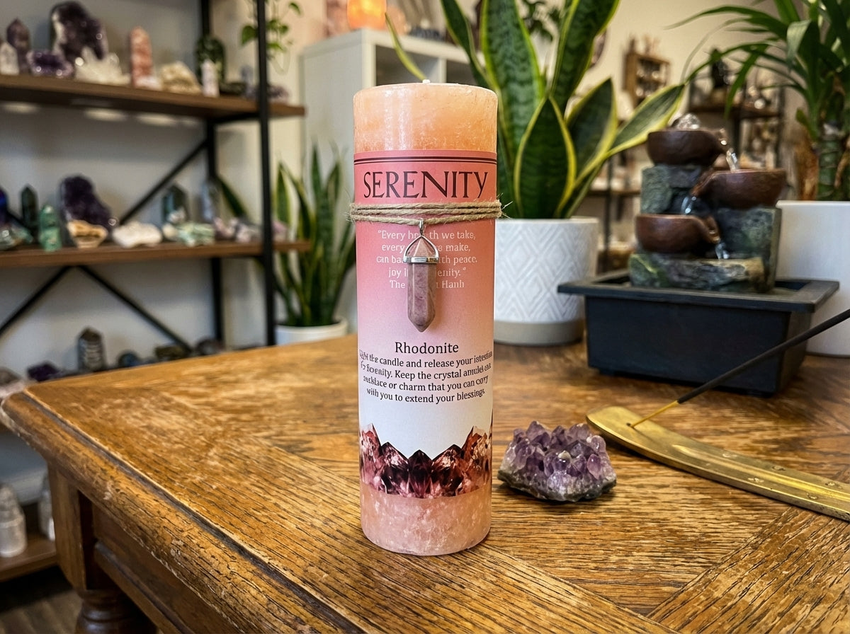 Vela de pilar con colgante de cristal energético
