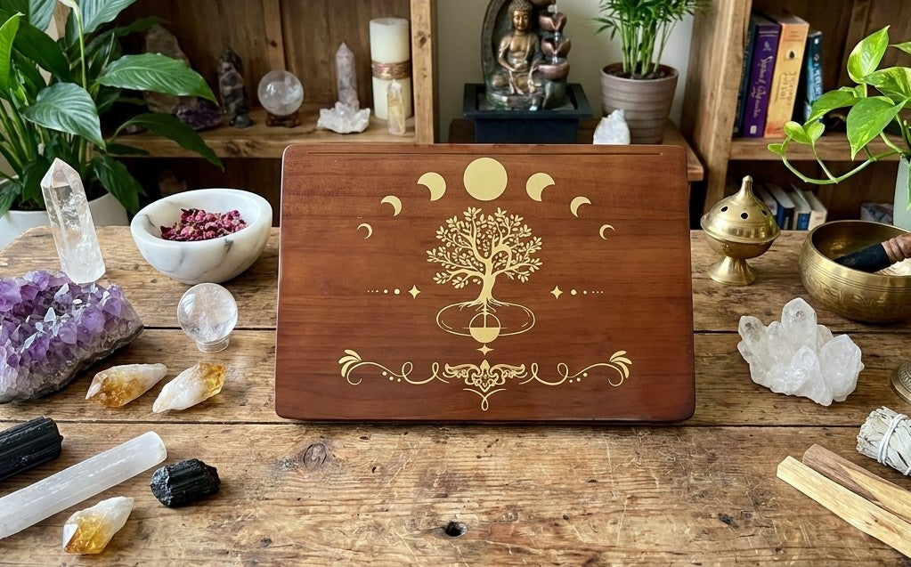 Solid Wood Altar Table with Tree of Life & Moon Phases