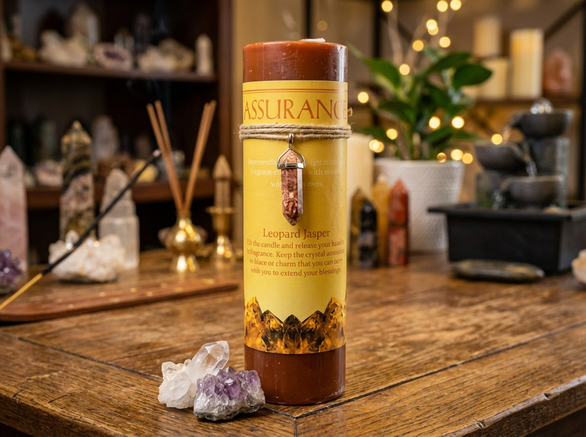 Vela de pilar con colgante de cristal energético