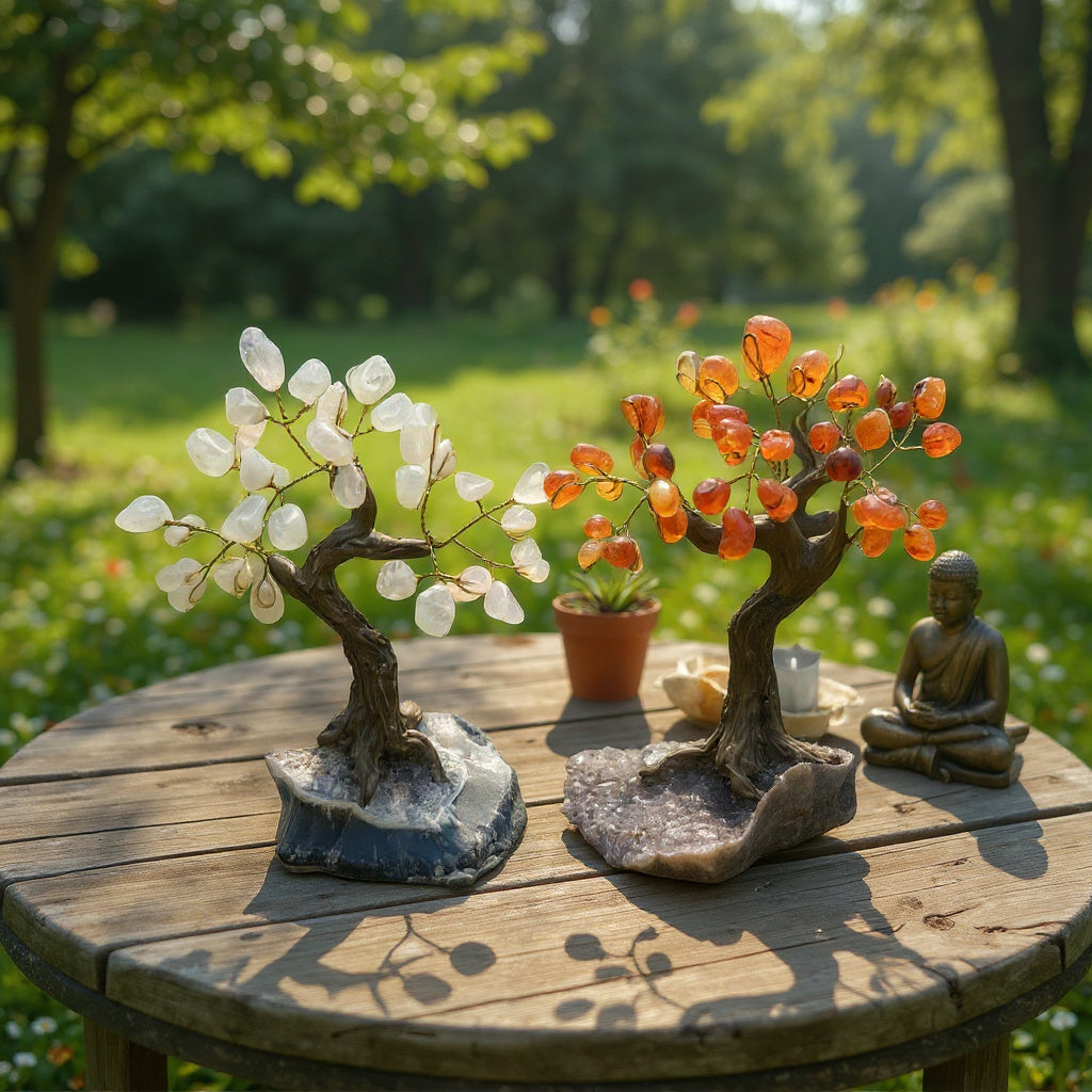 Pequeños árboles de cristal para chakras con base en racimo