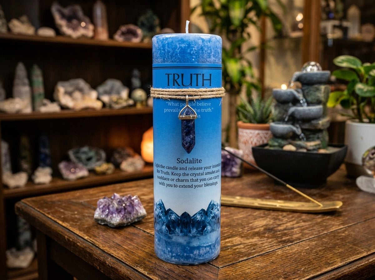 Vela de pilar con colgante de cristal energético