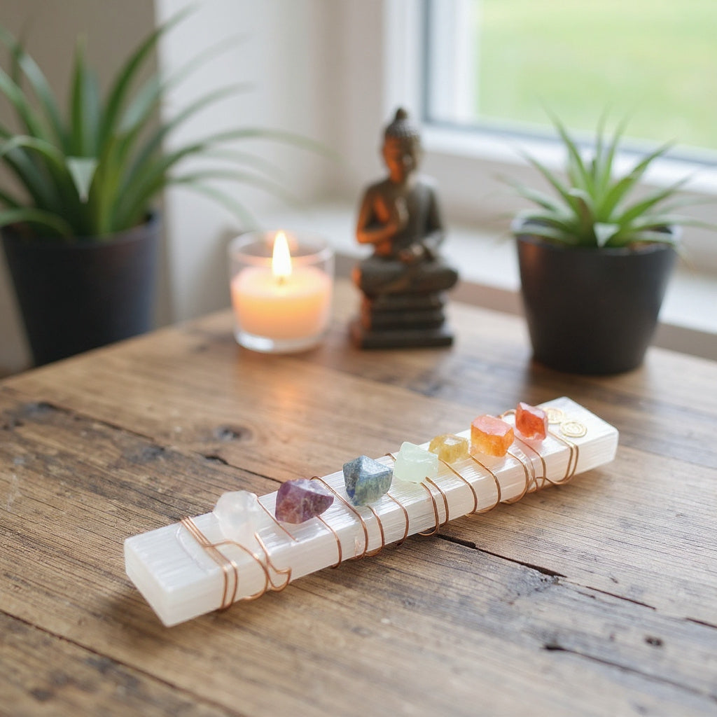 Selenite Wand with Chakra Stones