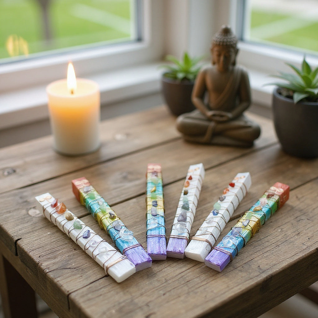 Selenite Wand with Chakra Stones