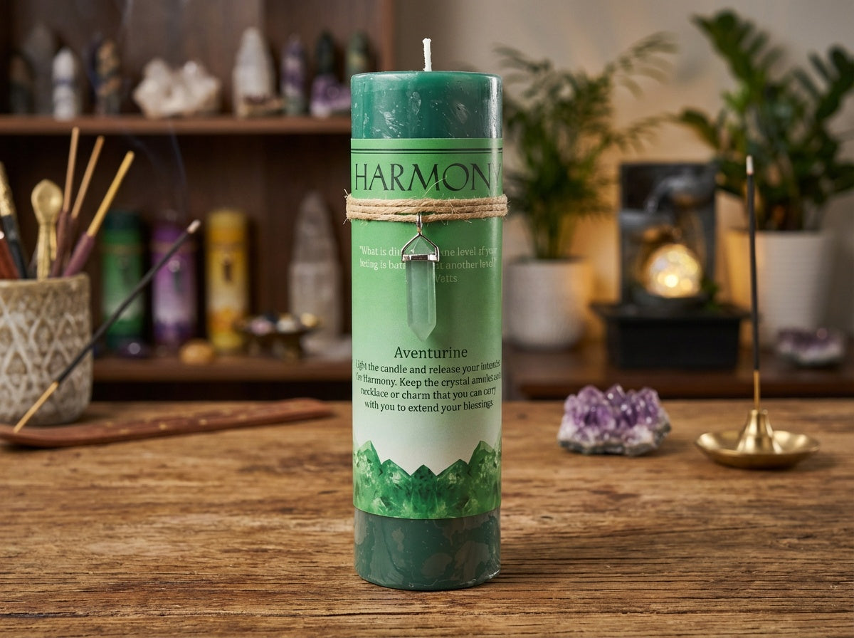Vela de pilar con colgante de cristal energético