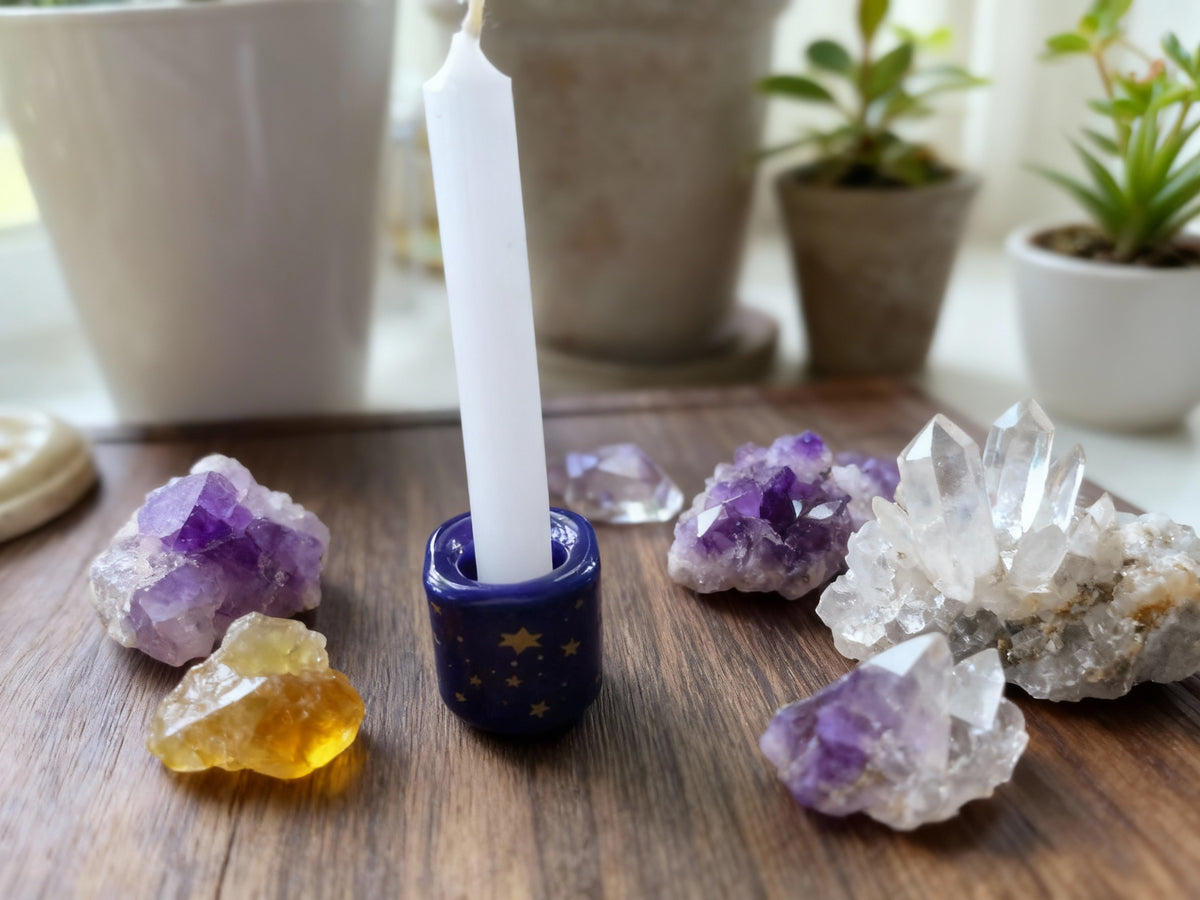 Portacarillones de cerámica con forma de estrella en azul y dorado