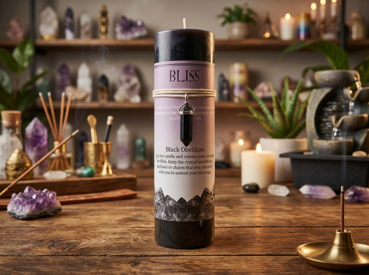 Vela de pilar con colgante de cristal energético